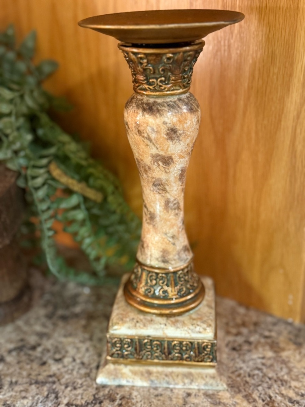 Vintage Candle Holder Marbleized Design With Aged Gold Tone Metal Accents